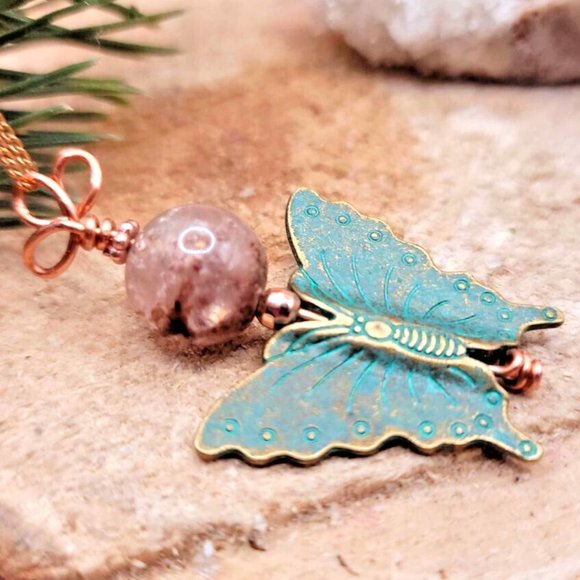 Unique Nature Plum Blossom Rutilated Bead With Bass Butterfly Pendant Necklace - Picture 6 of 10